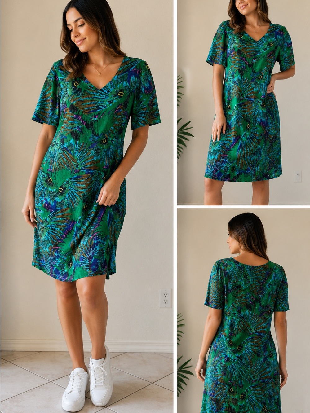 Sante Classics Tropical Print Cotton Shift Dress Green Blue Missy 0/S